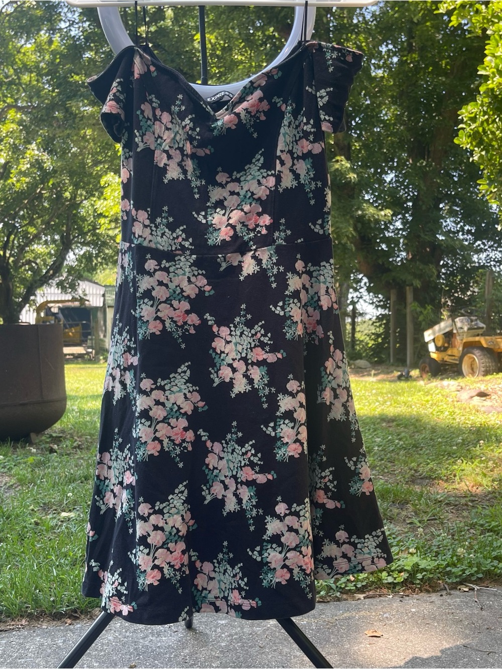 Express Black Floral Fit-and-Flare Dress with Pink & Mint Blooms Size Small